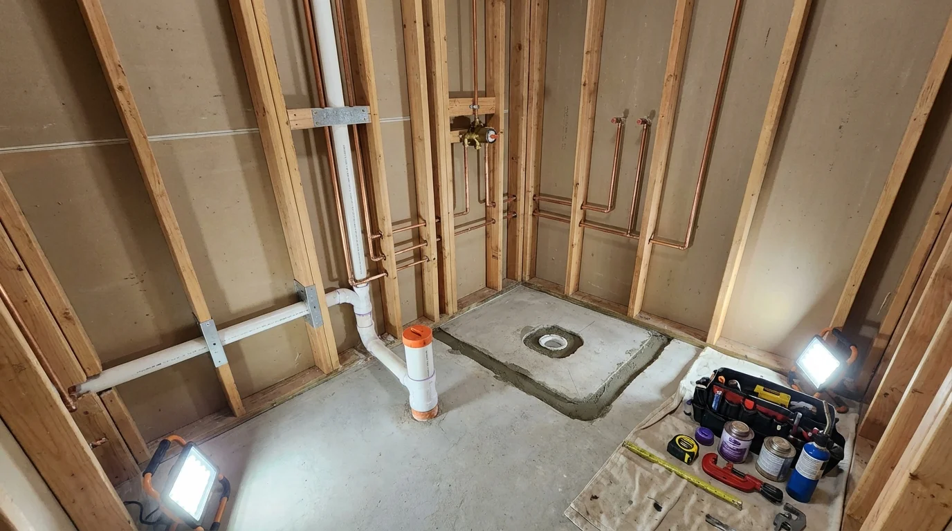 Bathroom rough-in plumbing during remodel by Johns Plumbing LLC in Emmitsburg