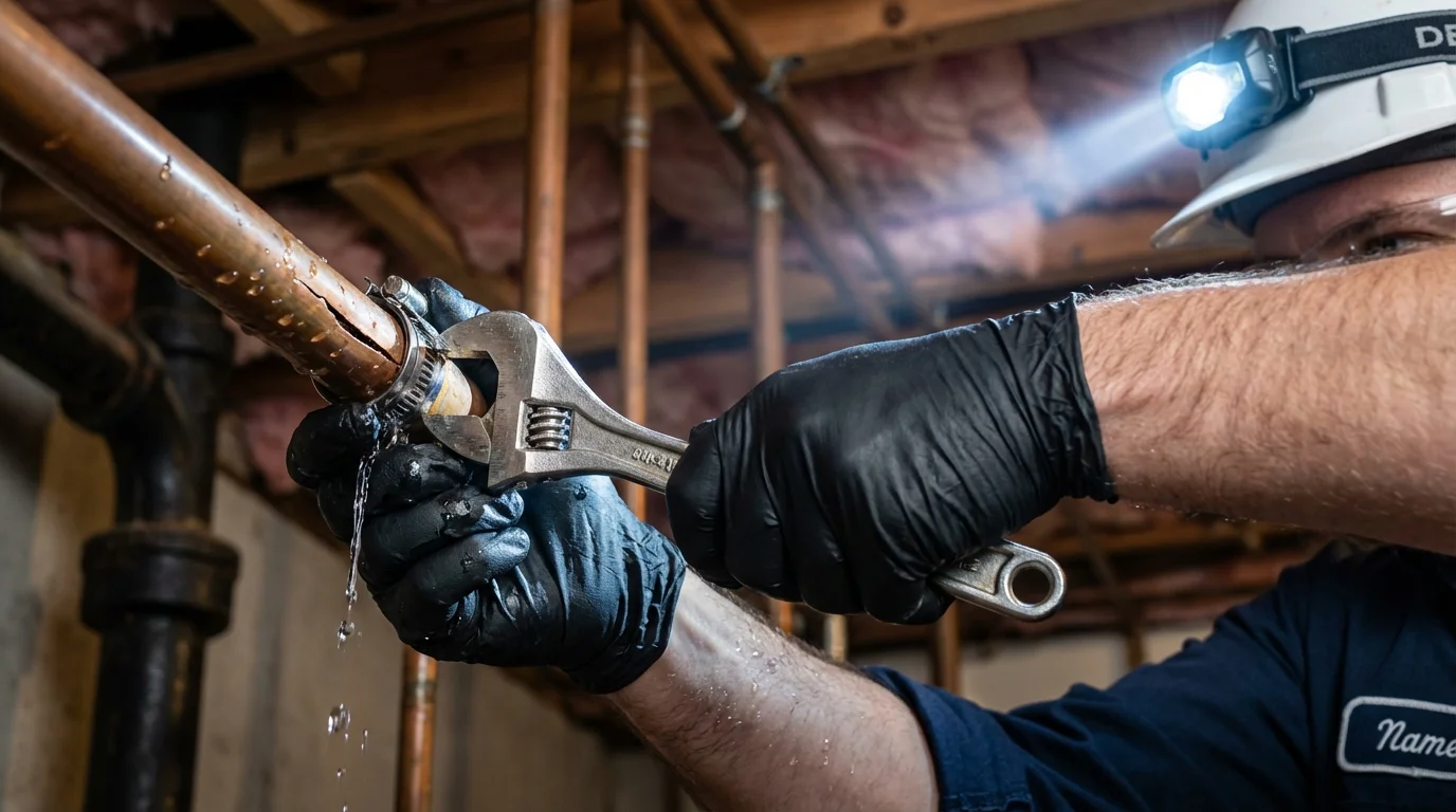 Emergency pipe clamp repair being performed by a Johns Plumbing LLC plumber in Emmitsburg