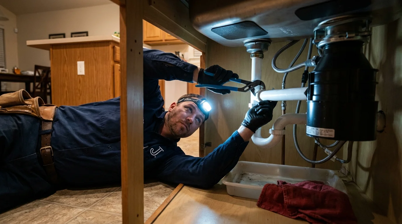 P-trap and supply line connections under a kitchen sink showing a common leak point in Emmitsburg, MD